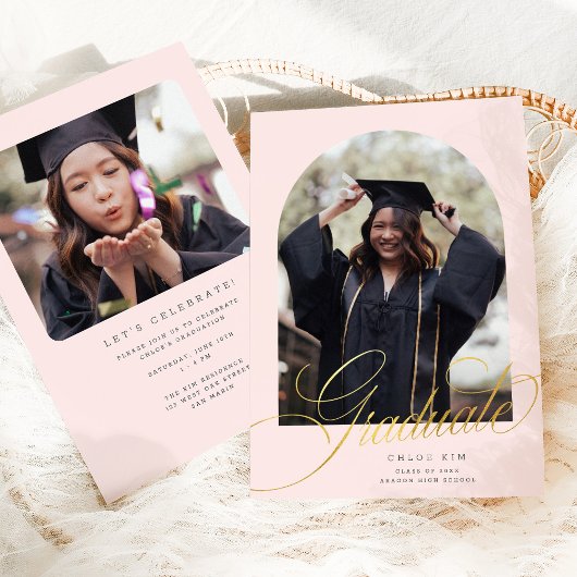 Chic Gold Script Arch Blush Pink Abschluss Foto Ankündigung
