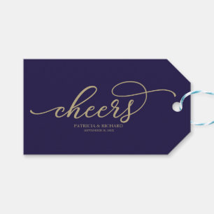 Chic Gold Script Cheers Navy Blue Wine Flasche Tag Geschenkanhänger
