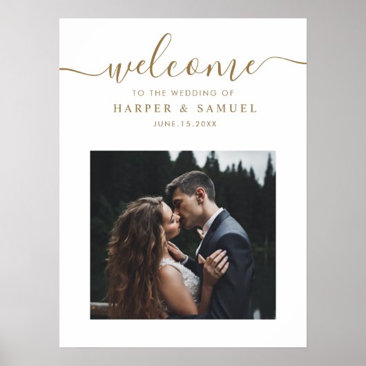 Chic Gold Script Foto Wedding Willkommenszeichen Poster (Vorne)