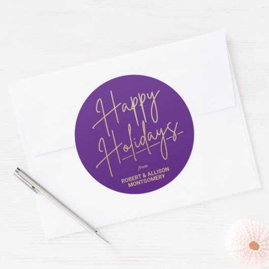 Chic Gold Script Happy Holidays Purple Runder Aufkleber (Umschlag)