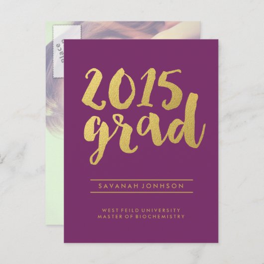 Chic Gold Script | Lila Foto Postkarte (Vorne/Hinten)