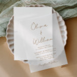 Chic Gold Script Minimalistisch Wedding Pergament Einladungen<br><div class="desc">Chic Vellum Hochzeitseinladung mit minimalistischem Flair mit den Namen der Braut und des Bräutigams in einer goldenen Kalligraphie-Schrift und Ihren Hochzeitsdetails in moderner Goldschrift. Passen Sie die Größe des Skript-Schriftartes im Entwurfstool für längere oder kürzere Namen an, falls gewünscht. Pair es mit Ihrem Lieblings-Foto oder einem unserer korrespondierenden Solid- oder...</div>