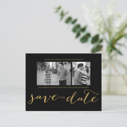 Chic Gold Script Save the Date Postcard Ankündigungspostkarte (Stehend Vorderseite)