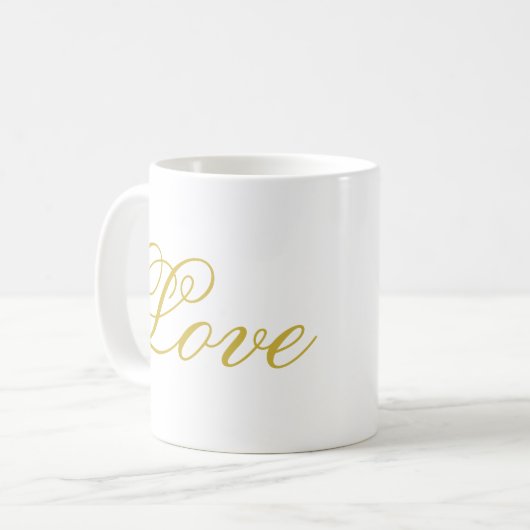 Chic Gold Script White Liebe Hochzeitkalligrafie Kaffeetasse (Vorderseite Links)