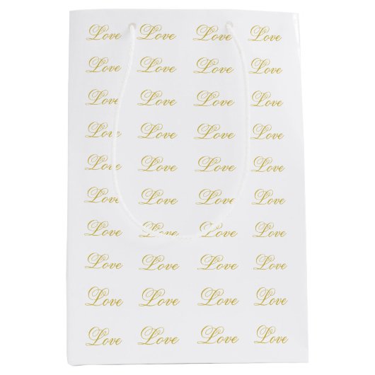Chic Gold Script White Liebe Hochzeitkalligrafie Mittlere Geschenktüte (Vorderseite)