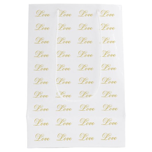 Chic Gold Script White Liebe Hochzeitkalligrafie Mittlere Geschenktüte (Rückseite)