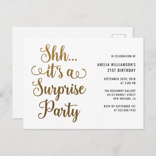 Chic Gold Shh... Es ist eine überraschende Party-T Einladungspostkarte (Vorne/Hinten)