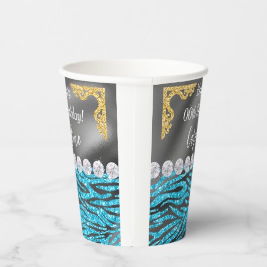 Chic Gold Silver Foil Blue Zebra Print Birthday Pappbecher (Rechts)