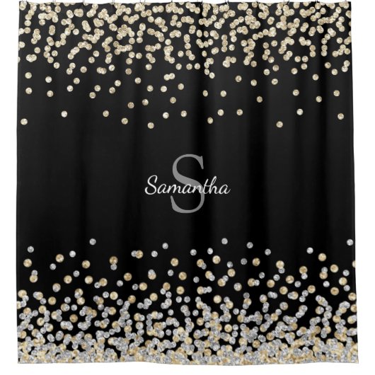 Chic Gold Silver Glitzer Confetti Monogram Black Duschvorhang (Vorderseite)