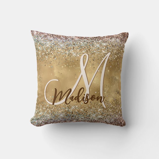 Chic Gold Silver iridescent Glitzer Monogramm Kissen (Vorderseite)