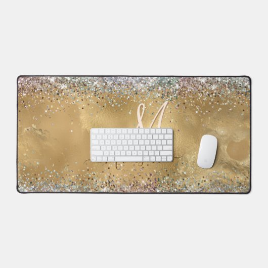 Chic Gold Silver iridescent Glitzer Monogramm Schreibtischunterlage (Tastatur & Maus)