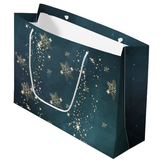 Chic Gold Snowflakes Green Große Geschenktüte (Vorderseite Schrägansicht)