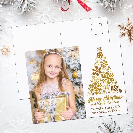 Chic Gold Snowflakes Weihnachtsbaumfamilie Foto Feiertagspostkarte