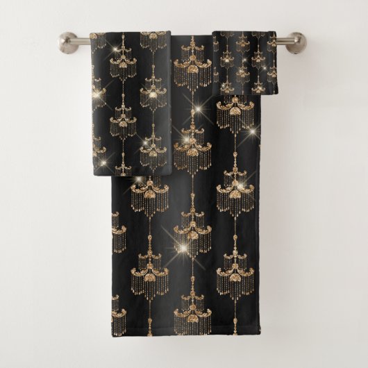 Chic Gold Sparkle Chandelier Black Badhandtuch Set (Insitu)
