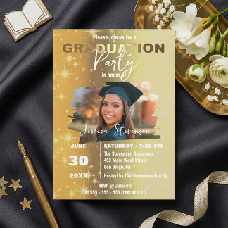 Chic Gold Sparkly Metallic Photo Graduation Party Einladung
