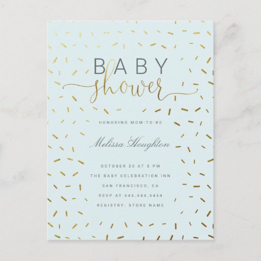 Chic Gold Sprinkle Confetti Script Baby Dusche Einladungspostkarte (Vorderseite)