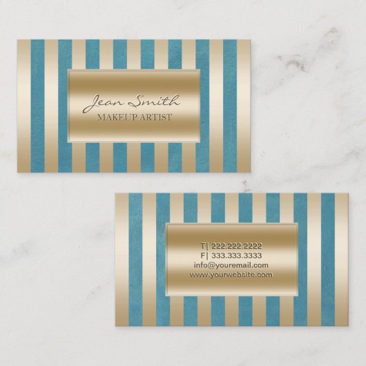 Chic Gold Stripes Aquamarin Green Makeup Artist Visitenkarte (Vorne/Hinten)