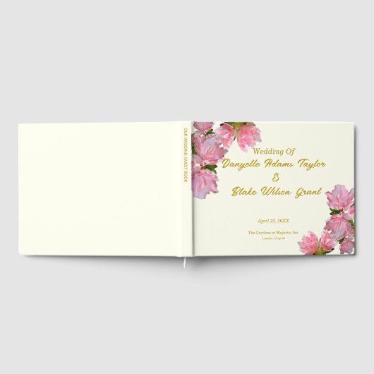 Chic Gold Text, Rosa Azaleen und Elfenbeinhochzeit Gästebuch (Voll)