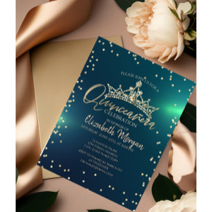 Chic Gold Tiara, Diamonds Green Quinceañera Einladung