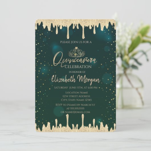 Chic Gold Tiara, Glitzer Tropfen Green Quinceañera Einladung (Stehend Vorderseite)