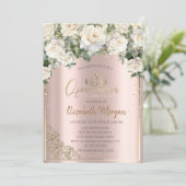 Chic Gold Tiara, White Roses Diamonds Quinceañera Einladung (Stehend Vorderseite)