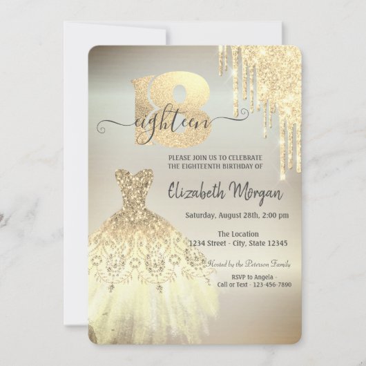 Chic Gold Tropfen Dress 18. Einladung (Vorderseite)