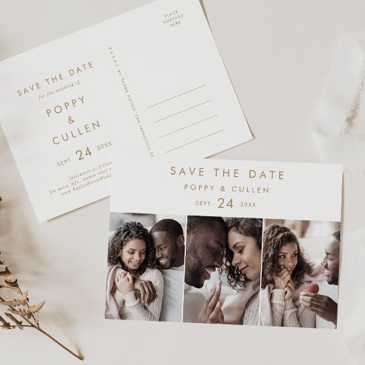 Chic Gold Typografie 3 Foto Save the Date Einladungspostkarte