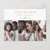 Chic Gold Typografie 3 Foto Save the Date Einladungspostkarte (Vorderseite)