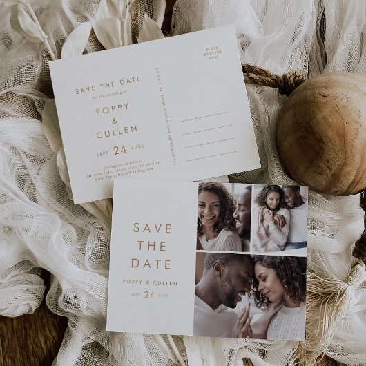 Chic Gold Typografie 3 FotoCollage Save the Date Einladungspostkarte