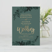 Chic Gold Typografie Blumengrün Hochzeit Einladung (Stehend Vorderseite)