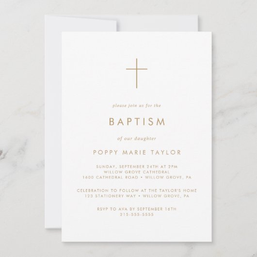Chic Gold Typografie Cross Baptisse Einladung (Vorderseite)