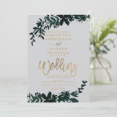 Chic gold typografie Floral graue Hochzeit Einladung (Stehend Vorderseite)