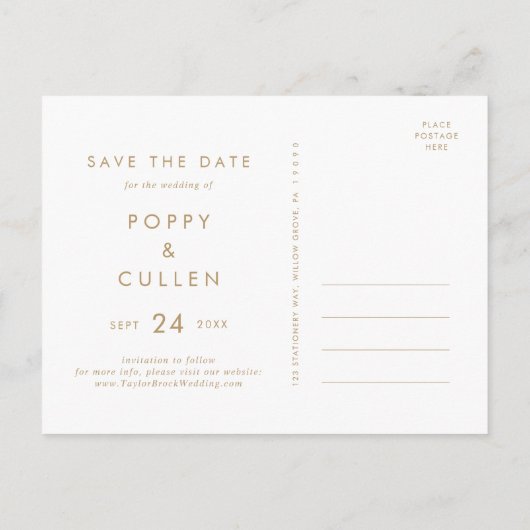 Chic Gold Typografie Horizontal Save the Date Einladungspostkarte (Rückseite)