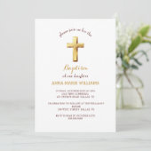 Chic Gold Typografie Minimalistische Cross Baptiss Einladung (Stehend Vorderseite)