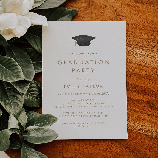 Chic Gold Typografy Grad Cap Graduation Party Einladung