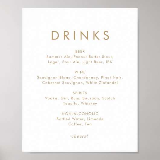 Chic Gold Typografy Wedding Drinks Menu Sign Poster (Vorne)