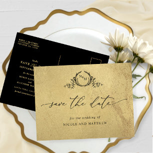 Chic Gold und Black Monogram Wedding Save the Date Postkarte