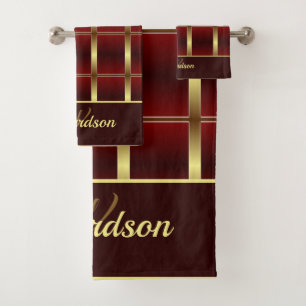 Chic Gold und Burgundy Checkered Mit Monogramm Badhandtuch Set