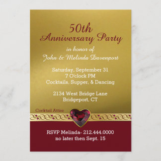 Chic Gold und Red Fiftieth Wedding Jahrestag Einladung