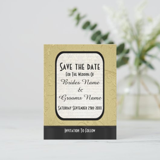 Chic Gold und Schwarz Save the Date Ankündigungspostkarte (Stehend Vorderseite)