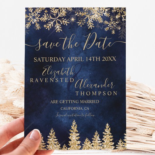 Chic gold verschneit pine marine Weihnachten Save  The Date