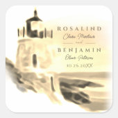 Chic Gold Watercolor Lighthouse Script Wedding Quadratischer Aufkleber (Vorderseite)