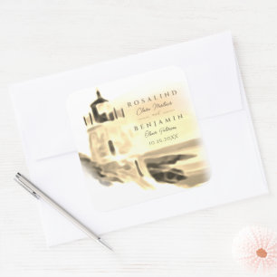 Chic Gold Watercolor Lighthouse Script Wedding Quadratischer Aufkleber