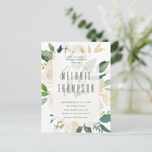 Chic Gold Watercolor Peonys Brautparty Einladungspostkarte (Stehend Vorderseite)