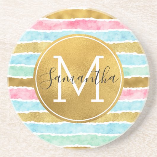 Chic Gold Watercolor Stripes Monogram Untersetzer (Vorne)