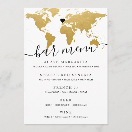 Chic Gold World Map mit optionaler Herzkarte Menükarte (Vorderseite)