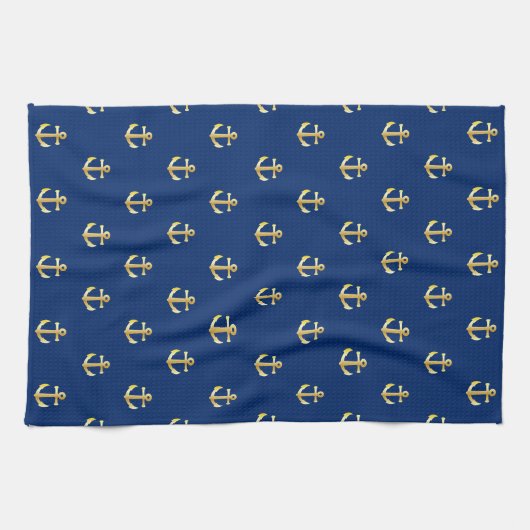 Chic Gold Yellow Anchor Muster auf dunkelblau Geschirrtuch (Horizontal)