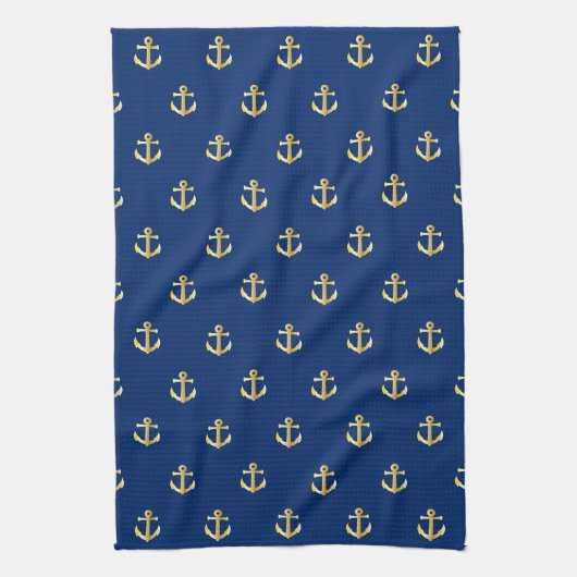 Chic Gold Yellow Anchor Muster auf dunkelblau  Geschirrtuch (Vertikal)