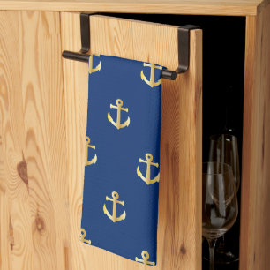 Chic Gold Yellow Anchor Muster auf dunkelblau Handtuch
