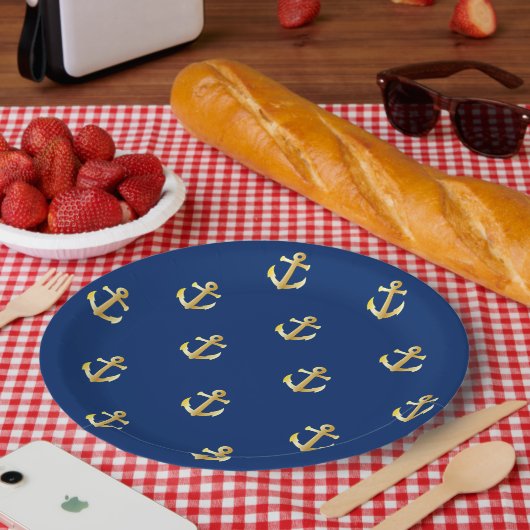 Chic Gold Yellow Nautical Anchors Pattern auf blau Pappteller (Picknick)